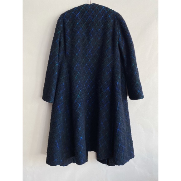 Vintage 50s Tygier Black Plaid Wool Cocoon Swing Full Length Coat L-Xl - Picture 2 of 7